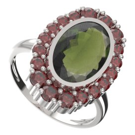 BG prsten oválný 523-I Stříbro 925 - rhodium Vltavín a granát