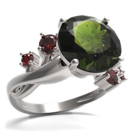 BG prsten s kulatým kamenem 475-P Bílé zlato - 585 Vltavín a granát