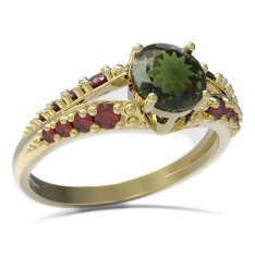 BG prsten s kulatým kamenem 473-G Žluté zlato - 585 Vltavín a granát