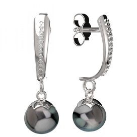 BG zlaté náušnice 561 s černou perlou Bílé zlato - 585 Kubický zirkon a tahiti perla