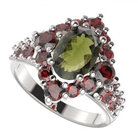 BG prsten oválný 466-X Bílé zlato - 585 Vltavín a granát