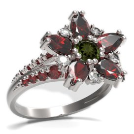 BG prsten ve tvaru hvězdy 521-G Stříbro 925 - rhodium Vltavín a granát