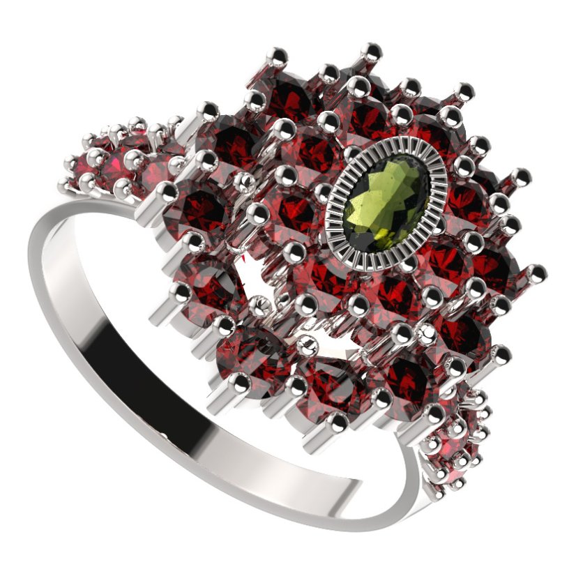 BG prsten 009-X oválného tvaru Bílé zlato - 585 Vltavín a granát