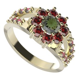 BG prsten kulatý 023-Y Žluté zlato - 585 Vltavín a granát