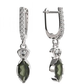 BG náušnice vsazený přírodní vltavín  915 91 Stříbro 925 - rhodium Vltavín a  kubický zirkon
