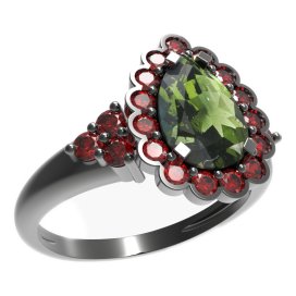 BG prsten s kapkovitým kamenem 519-U Stříbro 925 - ruthenium (30-90dní) Vltavín a granát
