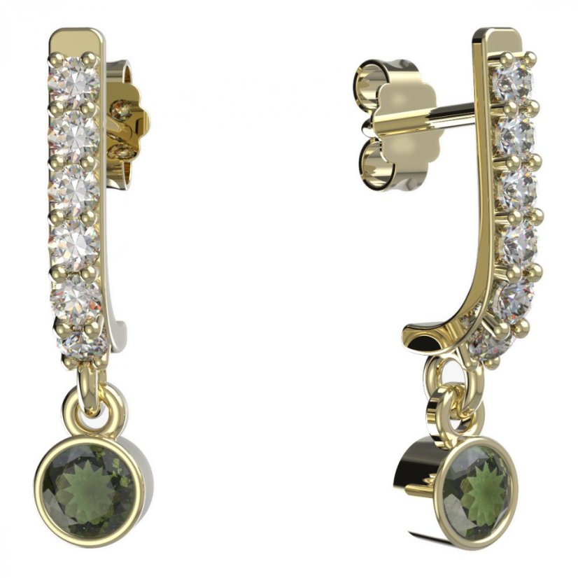 BG zlaté vltavínové náušnice 722 Žluté zlato - 585 Vltavín a diamant