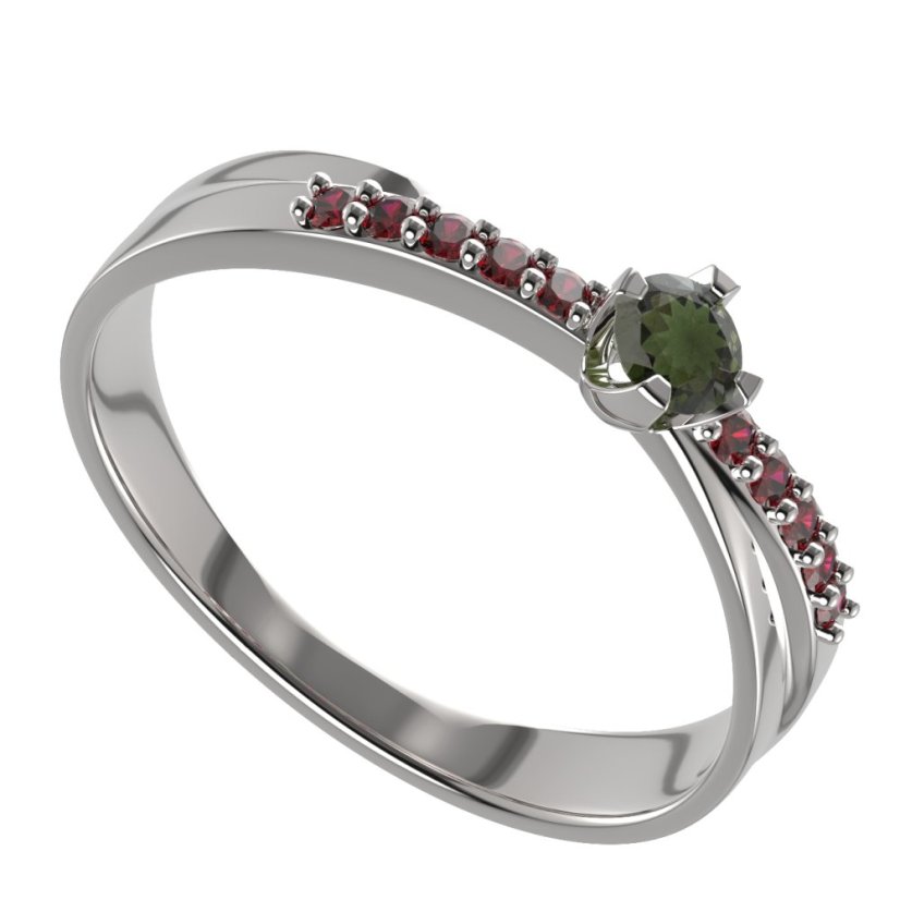 BG granátový, vltavínový  prstýnek 1450 Stříbro 925 - rhodium Vltavín a granát