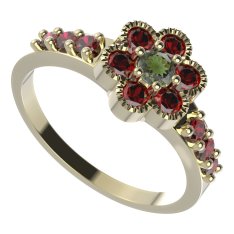 BG prsten 140-Z kulatého tvaru Žluté zlato - 585 Vltavín a granát