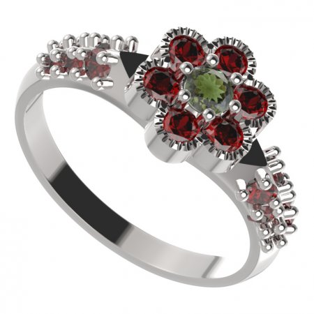BG prsten 140-X kulatého tvaru - Kov: Stříbro 925 - rhodium, Kámen: Vltavín a granát
