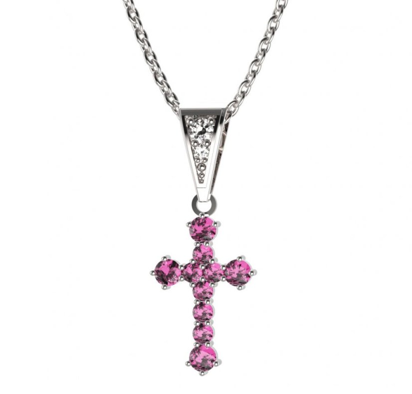 Zlatý přívěsek křížek s růžovým zirkonem, bílé zlato 585 – 256 (ZN442561)
