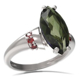 BG prsten oválný kámen 481-K Stříbro 925 - rhodium Vltavín a granát