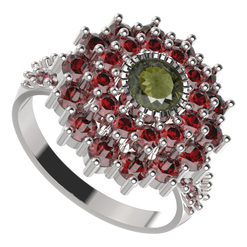 BG prsten 004-X kulatého tvaru Stříbro 925 - rhodium Vltavín a granát