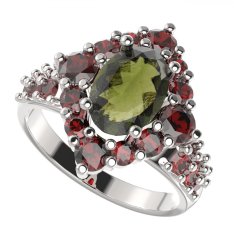 BG prsten oválný 466-X Bílé zlato - 585 Vltavín a granát
