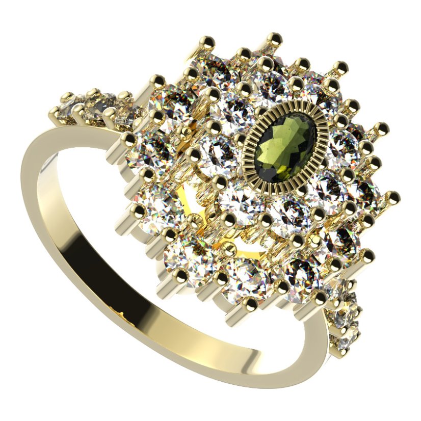 BG prsten 009-Z oválného tvaru Žluté zlato - 585 Vltavín a  kubický zirkon