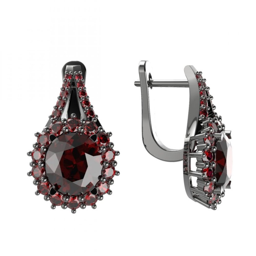 Stříbrné náušnice s přírodním granátem, ruthenium, anglické zapínání – 977