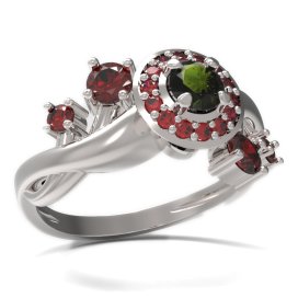 BG prsten s kulatým kamenem 541-P Bílé zlato - 585 Vltavín a granát