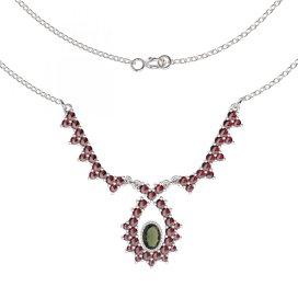 BG náhrdelník 180 Bílé zlato - 585 Vltavín a granát