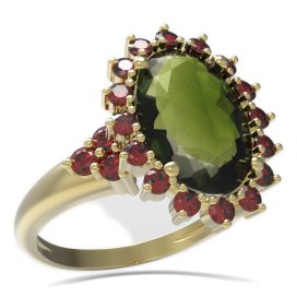 BG prsten s oválným kamenem 507-U Žluté zlato - 585 Vltavín a granát