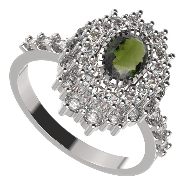 BG prsten 243-Z oválného tvaru Stříbro 925 - rhodium Vltavín a  kubický zirkon