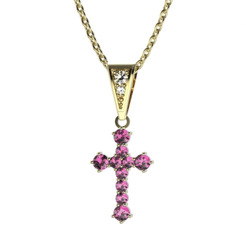 Zlatý přívěsek křížek s růžovým zirkonem, žluté zlato 585 – 256 (ZN342561)