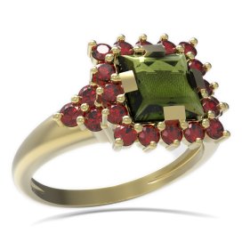 BG prsten s čtvercovým kamenem 499-U Žluté zlato - 585 Vltavín a granát