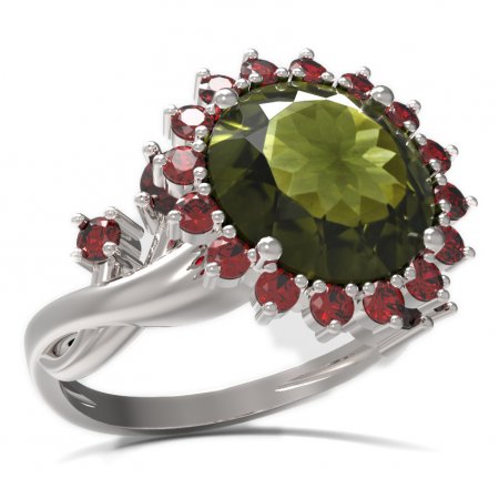 BG prsten s kulatým kamenem 512-P - Kov: Stříbro 925 - rhodium, Kámen: Vltavín a granát