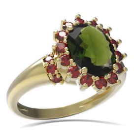 BG prsten oválný kámen 516-K Žluté zlato - 585 Vltavín a granát