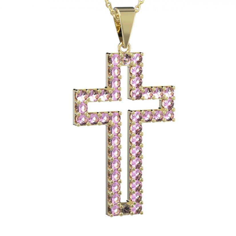 Zlatý přívěsek křížek s růžovým zirkonem, žluté zlato 585 – 238 (ZN34238b)