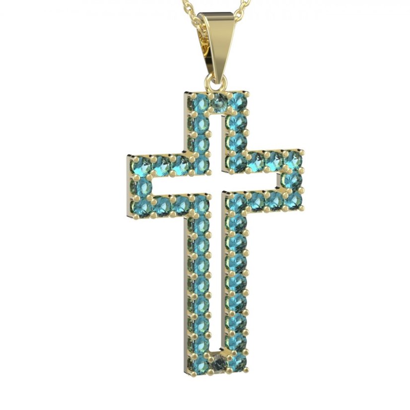 Zlatý přívěsek křížek se světle modrým zirkonem, žluté zlato 585 – 238 (ZM34238b)