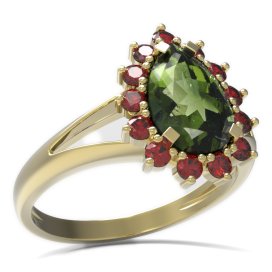BG prsten kapkovitý kámen 505-V Žluté zlato - 585 Vltavín a granát