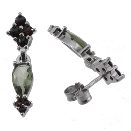 BG náušnice vsazený granát  260-43 Stříbro 925 - rhodium Vltavín a granát