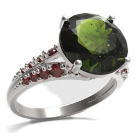 BG prsten s kulatým kamenem 475-G Bílé zlato - 585 Vltavín a granát