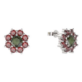 BG náušnice kulaté - 023 Stříbro 925 - rhodium Vltavín a granát