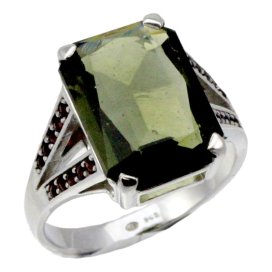 BG prsten čtvercový 730-V Bílé zlato - 585 Vltavín a granát