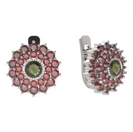 BG náušnice kulatého tvaru 004-07 Stříbro 925 - rhodium Vltavín a granát