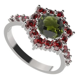 BG prsten 230-Z kulatého tvaru Stříbro 925 - rhodium Vltavín a granát