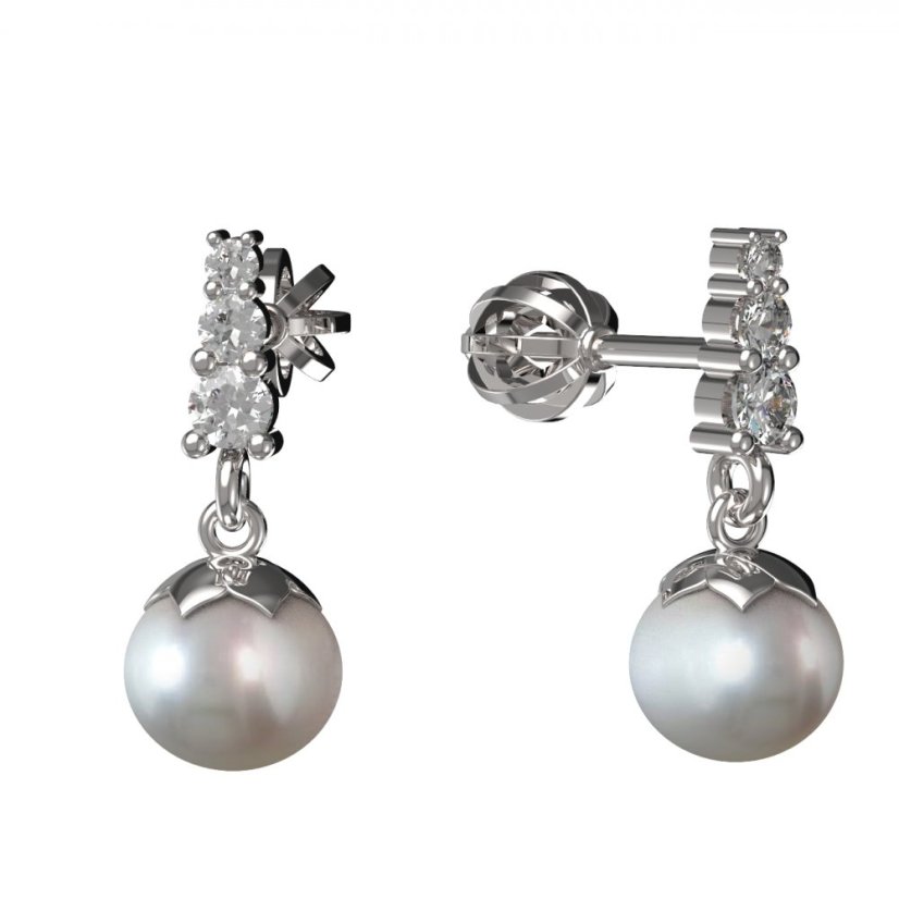 BG zlaté náušnice 561 s bílou perlou Bílé zlato - 585 Diamant a perla