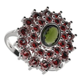 BG prsten oválný 021-I Stříbro 925 - rhodium Vltavín a granát