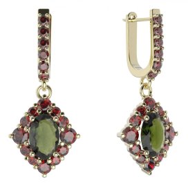 BG náušnice vsazený granát hvězdicový brus 466-94 Žluté zlato - 585 Vltavín a granát