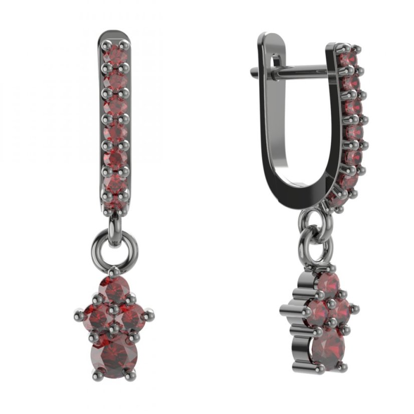 Stříbrné náušnice s českým granátem, ruthenium, visací – 159