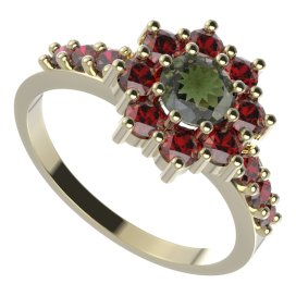 BG prsten 023-Z kulatého tvaru Žluté zlato - 585 Vltavín a granát