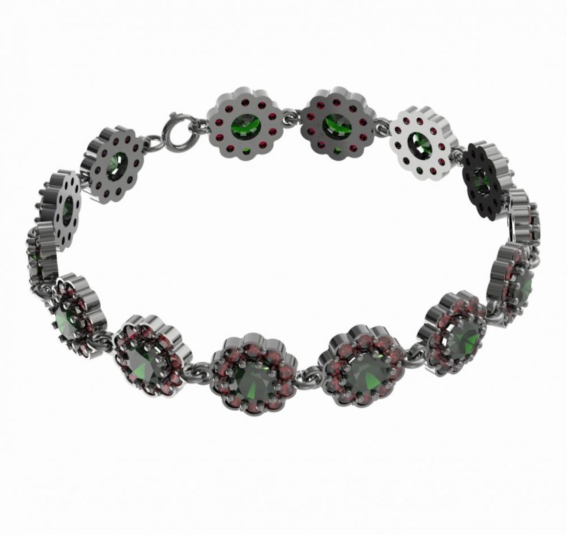 Stříbrný náramek s vltavínem a českým granátem, ruthenium – 293