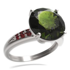 BG prsten kulatý kámen 475-J Bílé zlato - 585 Vltavín a granát
