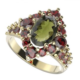 BG prsten oválný 466-X Žluté zlato - 585 Vltavín a granát