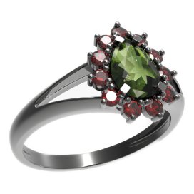 BG prsten kapkovitý kámen 509-V Stříbro 925 - ruthenium (30-90dní) Vltavín a granát
