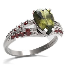 BG prsten s kapkovitým kamenem 494-G Bílé zlato - 585 Vltavín a granát