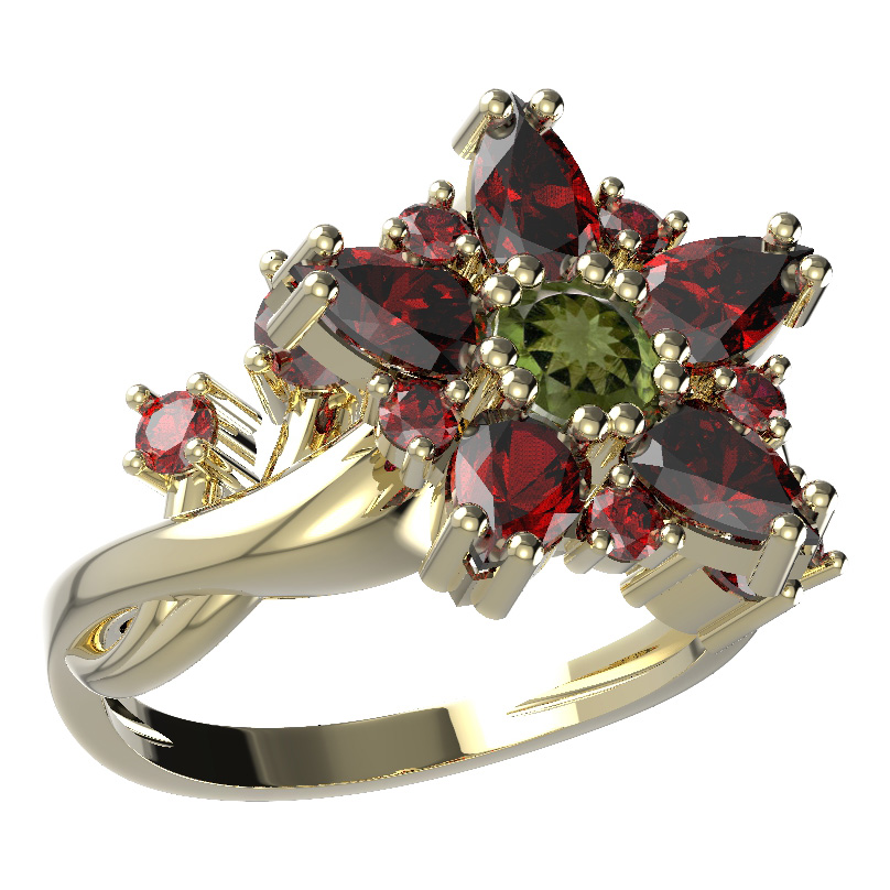 BG prsten ve tvaru hvězdy 521-P Žluté zlato - 585 Vltavín a granát