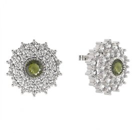 BG náušnice kulaté -  004 Bílé zlato - 585 Vltavín a  kubický zirkon