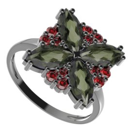 BG prsten solitérní 408-I Stříbro 925 - ruthenium (30-90dní) Vltavín a granát